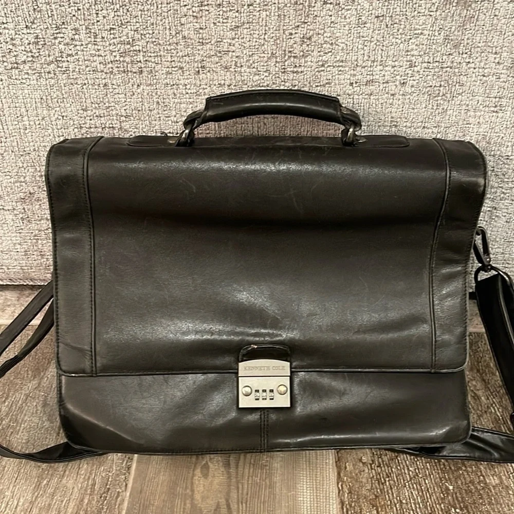 Kenneth Cole black leather messenger bag with code lock